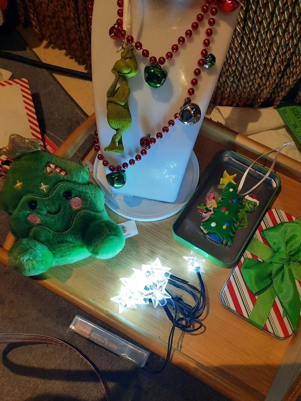 Dr. Seuss Grinch Holiday BUNDLE necklace 2 Ornamenrs ✨️Lights Plushy $ Card Box